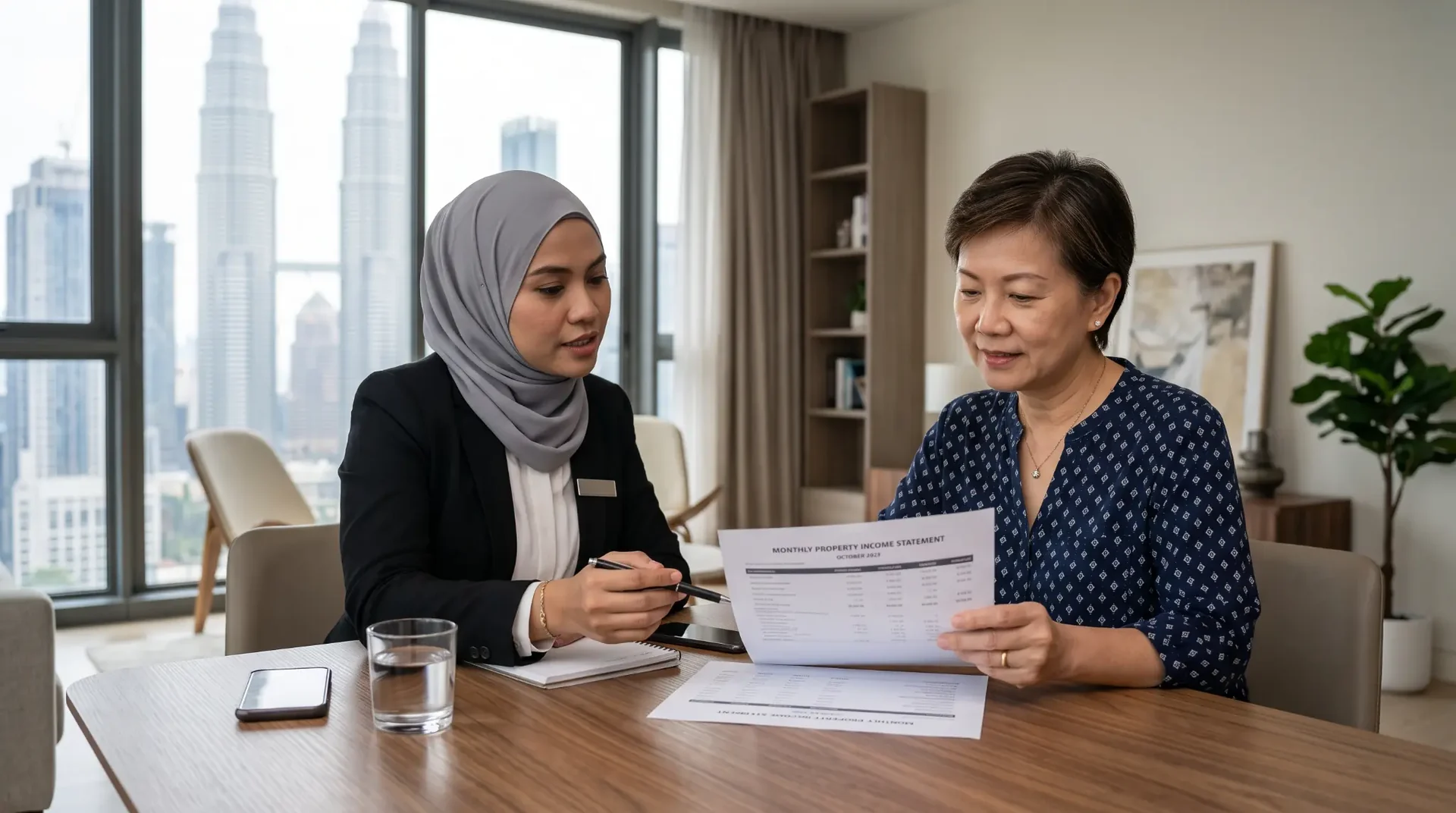 Illustrative scene of a property manager and owner reviewing a monthly property income statement in a Kuala Lumpur apartment